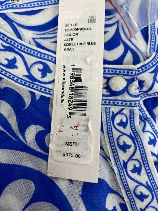 Alice + Olivia April Soiree True Blue Printed Cotton Blouse Large NWT $375 - Picture 10 of 12
